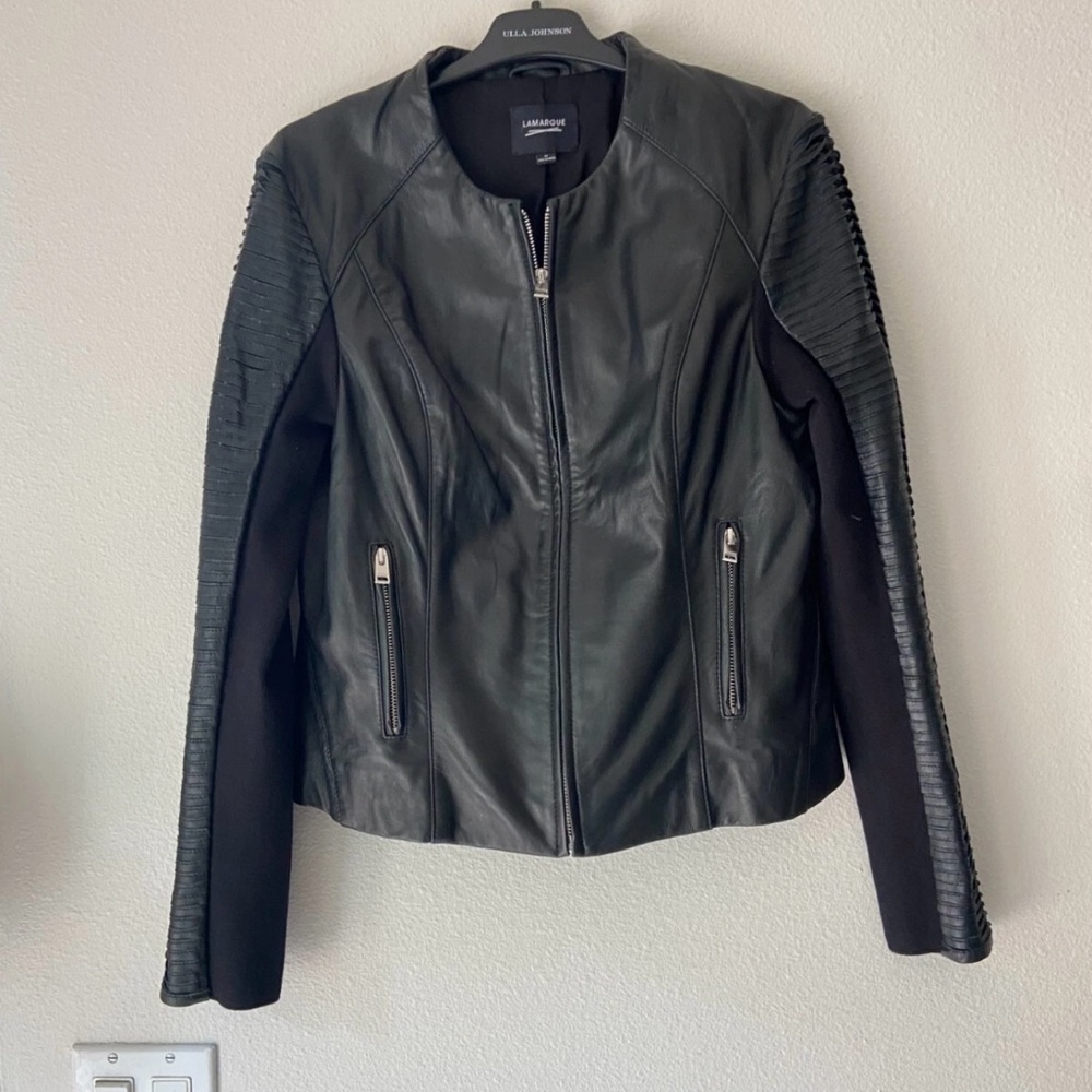 Lamarque Moto Leather Jacket with Ribbed Sleeves
